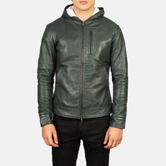 Zabian Green Leather Hooded Bomber Jacket