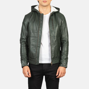 Zabian Green Leather Hooded Bomber Jacket