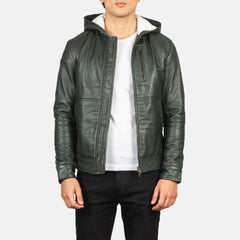 Zabian Green Leather Hooded Bomber Jacket