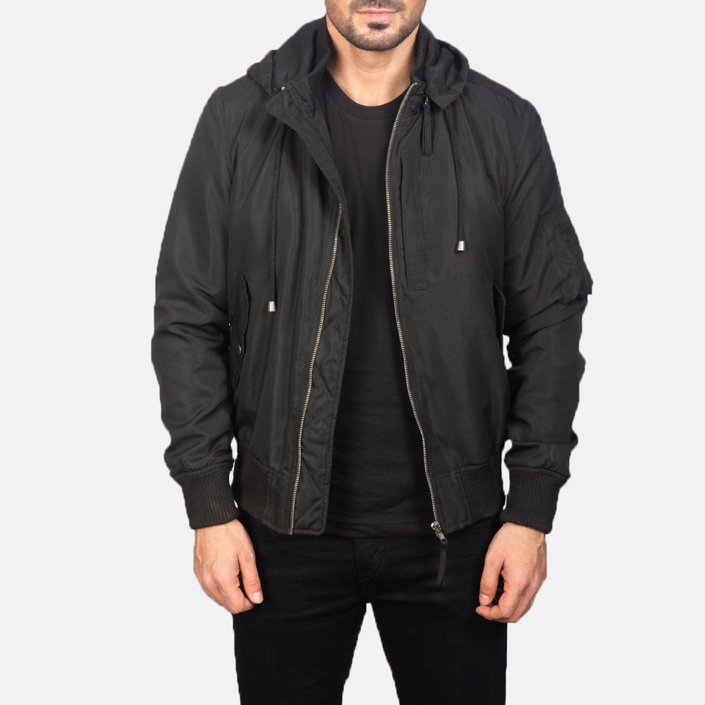 Rasos Black Leather Hooded Bomber Jacket