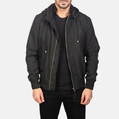 Rasos Black Leather Hooded Bomber Jacket