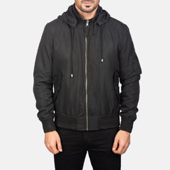 Rasos Black Leather Hooded Bomber Jacket