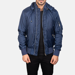 Rasos Blue Leather Hooded Bomber Jacket