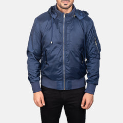 Rasos Blue Leather Hooded Bomber Jacket