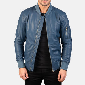 Sabis Blue Leather Bomber Jacket