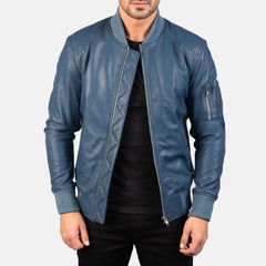 Sabis Blue Leather Bomber Jacket
