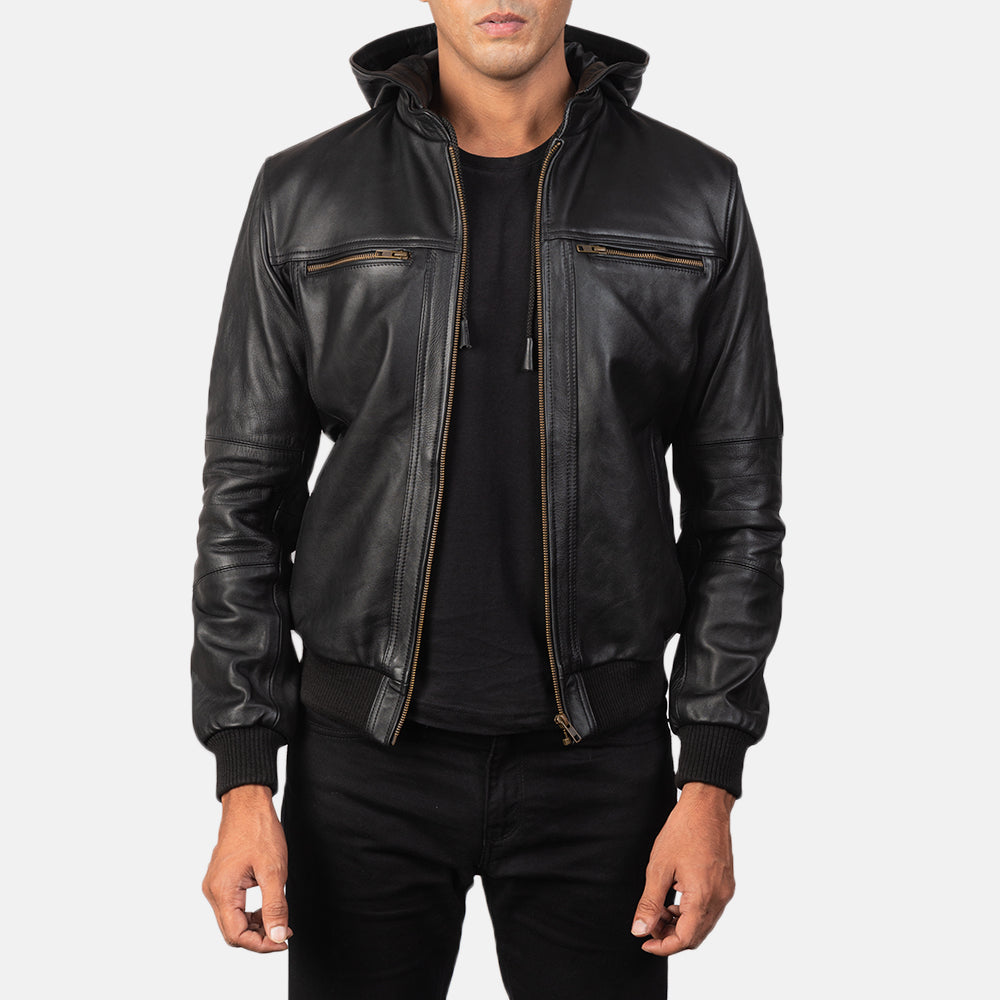 Luson Black Leather Bomber Jacket