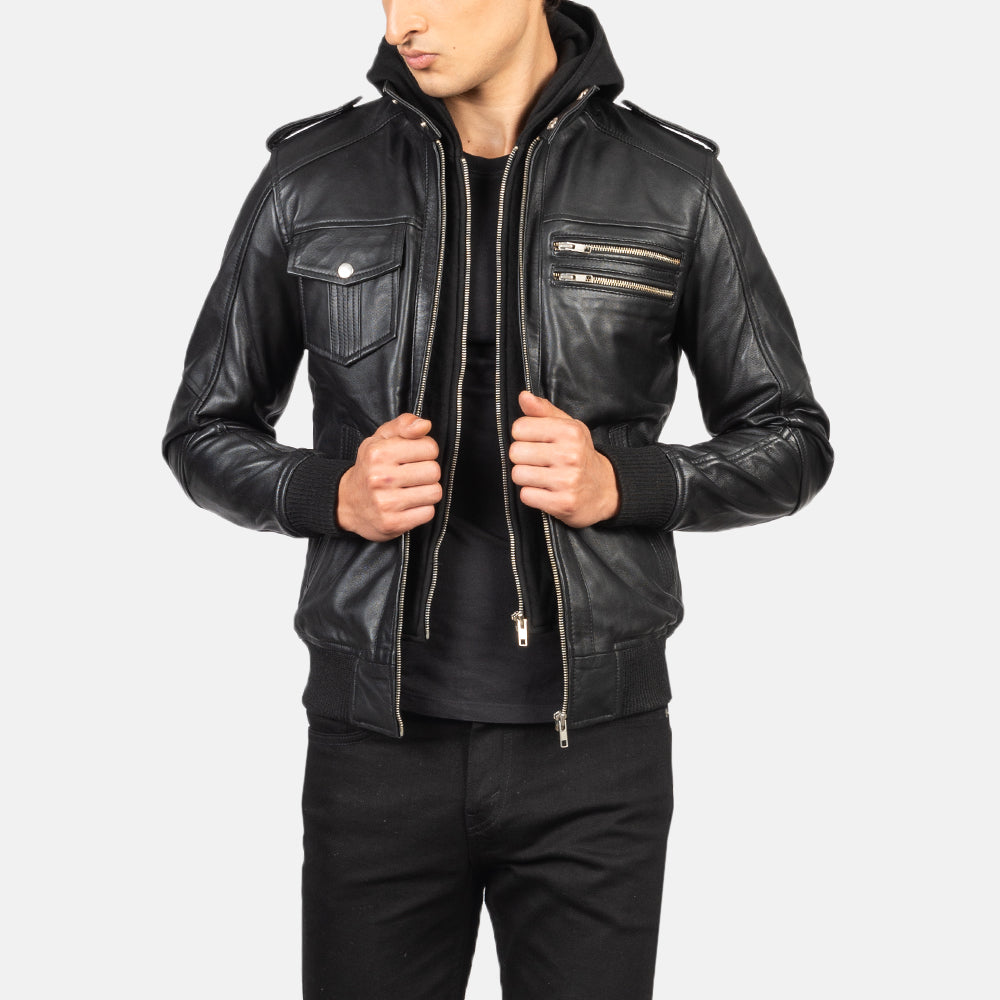 Titian Black Leather Hooded Bomber Jacket