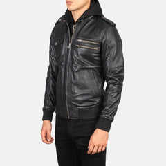 Titian Black Leather Hooded Bomber Jacket