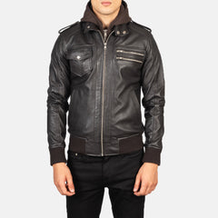 Titian Brown Leather Hooded Bomber Jacket