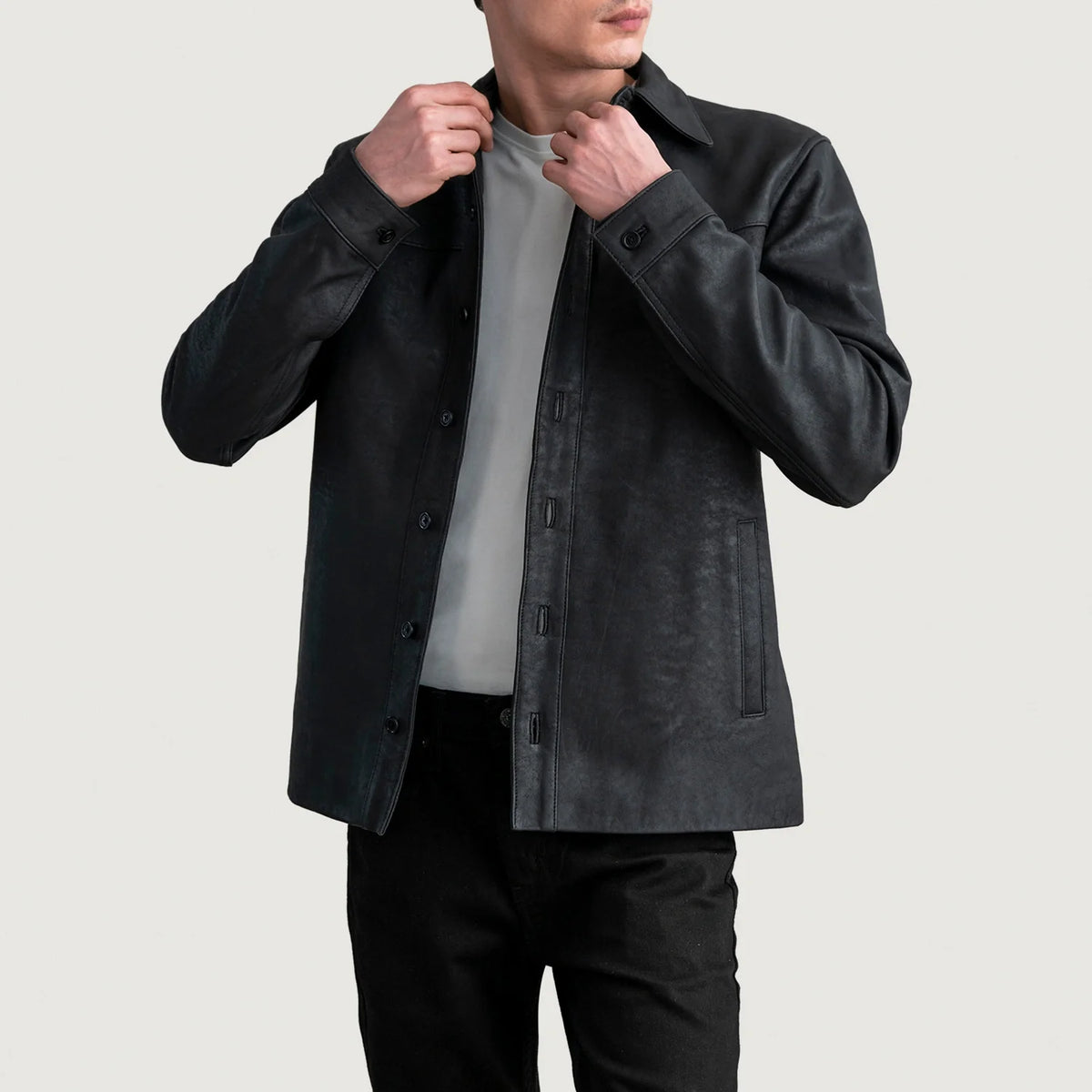 Siken Black Leather Shirt Jacket