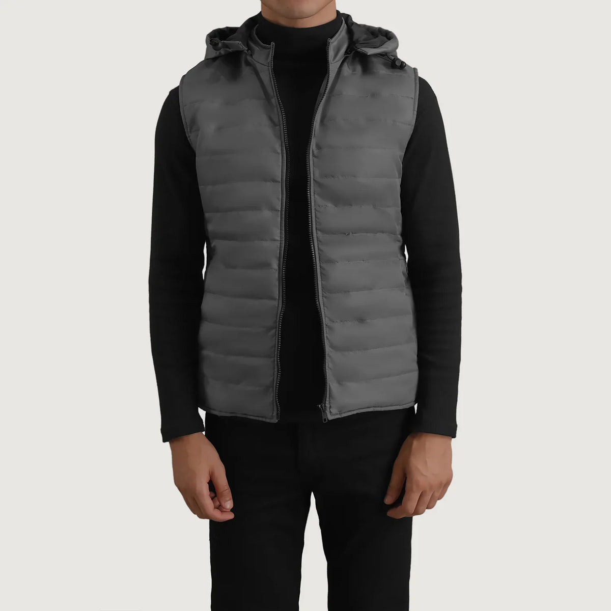 Arlen Grey Leather Hooded Vest Jacket