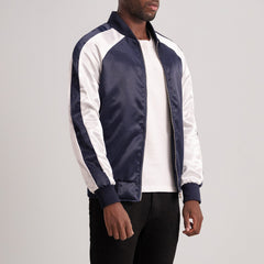 Minum Blue Leather Varsity Jacket