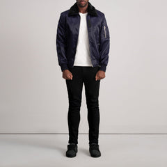 Kosar Blue Leather Bomber Jacket