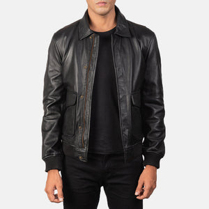 Komin Black Leather Bomber Jacket