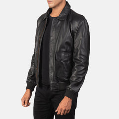 Komin Black Leather Bomber Jacket
