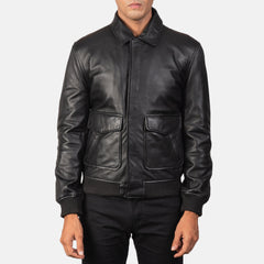 Komin Black Leather Bomber Jacket