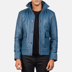 Qupor Blue Leather Bomber Jacket