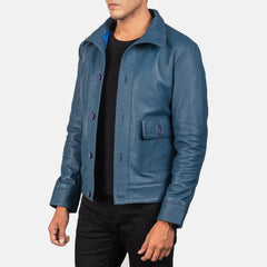 Qupor Blue Leather Bomber Jacket