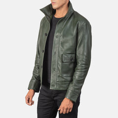 Qupor Green Leather Bomber Jacket