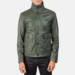 Qupor Green Leather Bomber Jacket