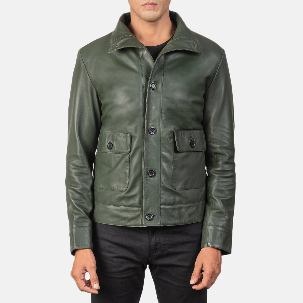 Qupor Green Leather Bomber Jacket