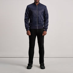 Risan Blue Leather Quilted Varsity Jacket