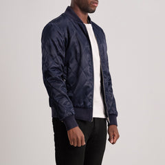 Risan Blue Leather Quilted Varsity Jacket