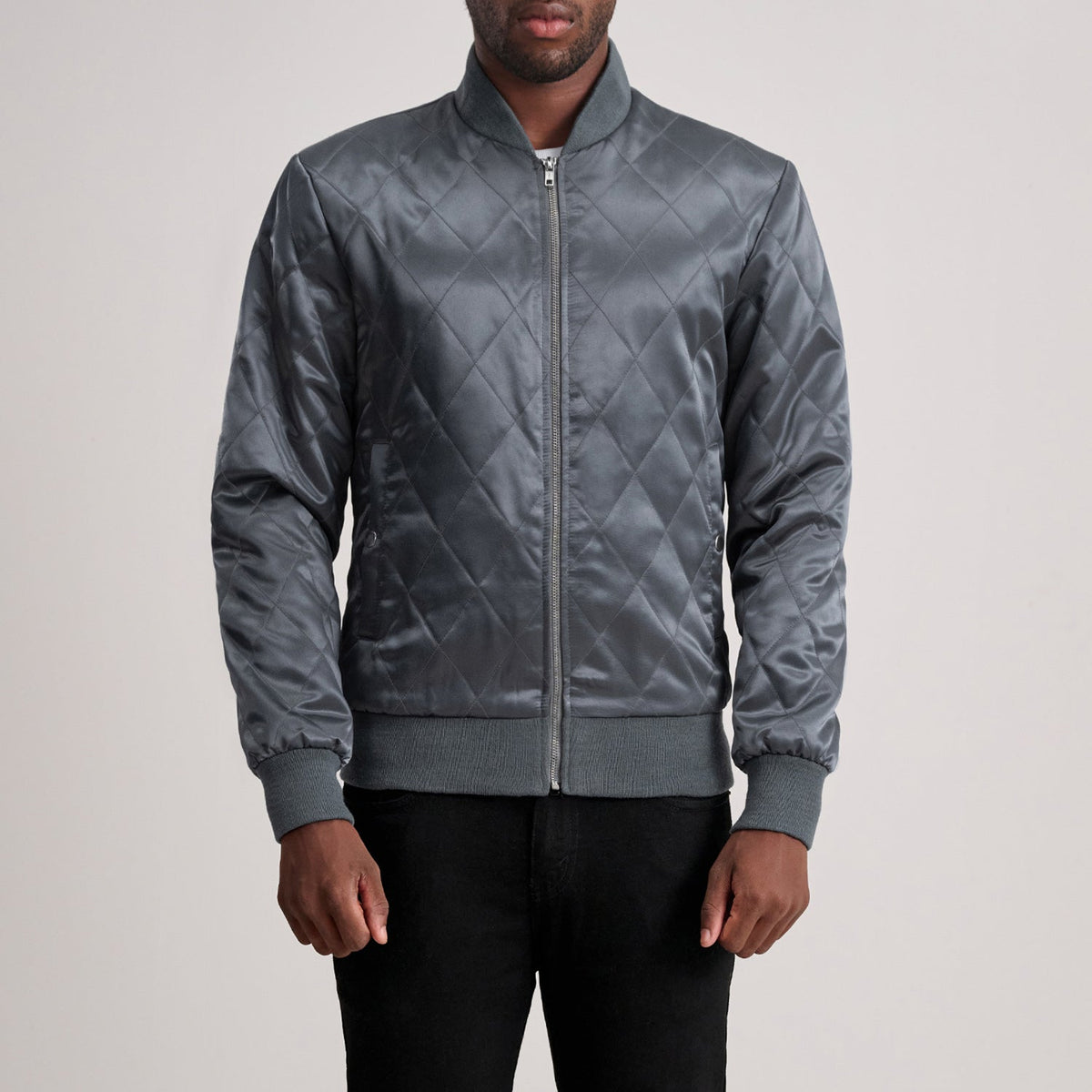 Risan Grey Leather Quilted Varsity Jacket