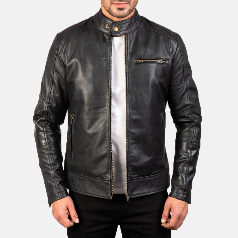 Yamean Black Leather Biker Jacket