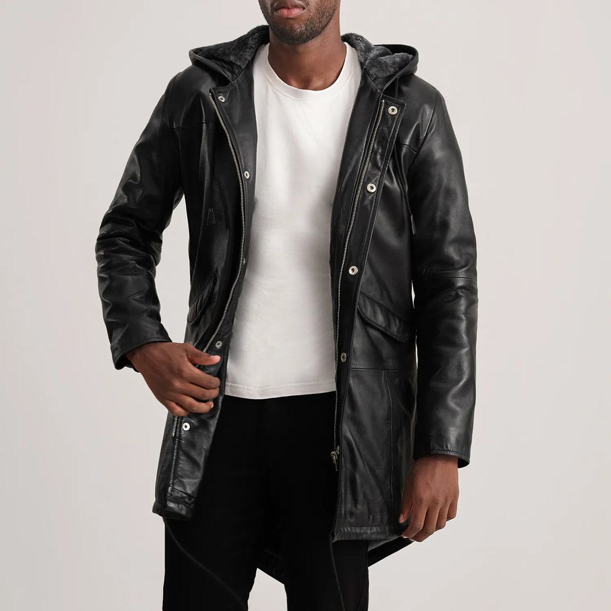 Damon Black Leather Parka Jacket
