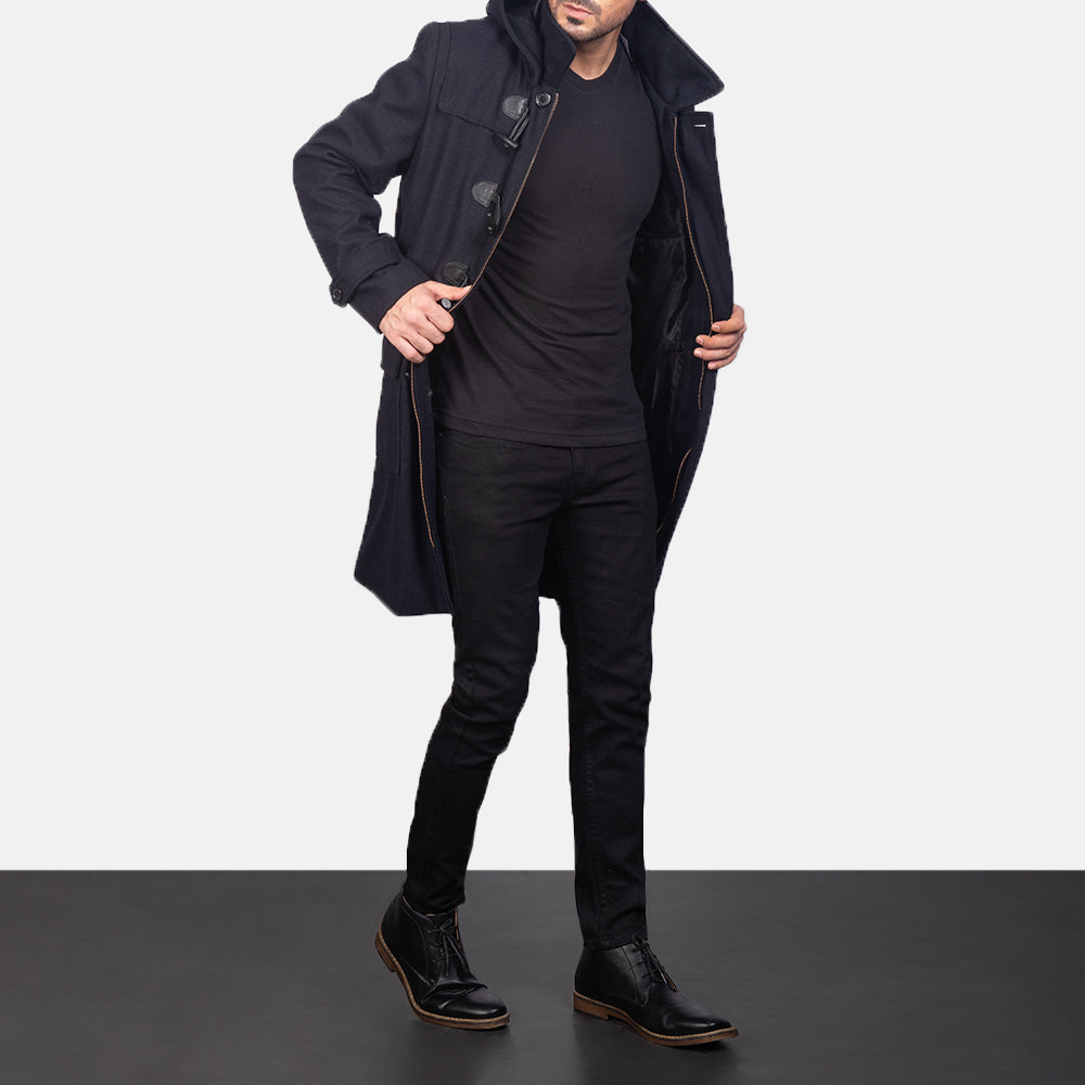 Dakus Black Leather Hooded Coat Jacket