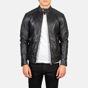 Zavion Black Leather Quilted Biker Jacket