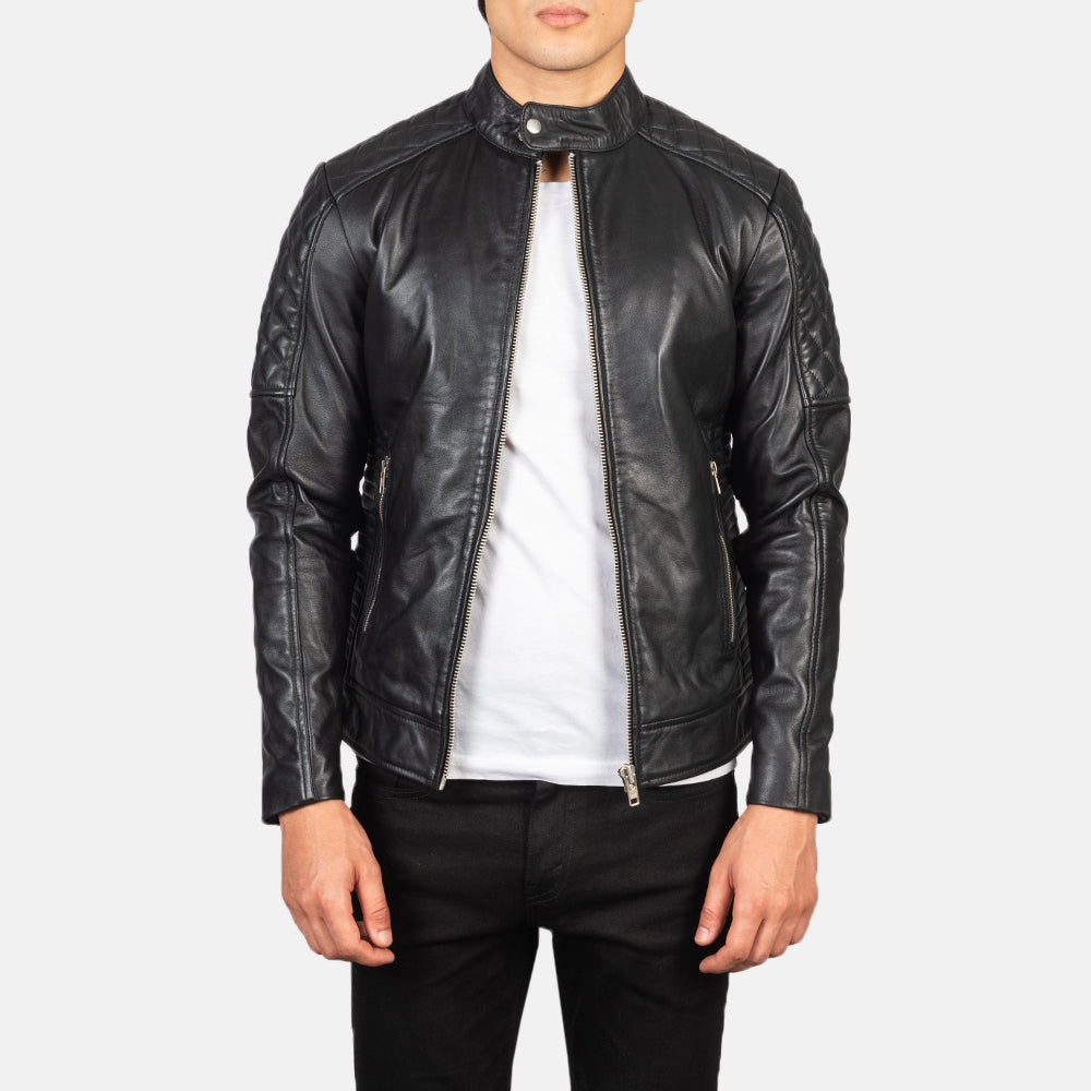 Zavion Black Leather Quilted Biker Jacket