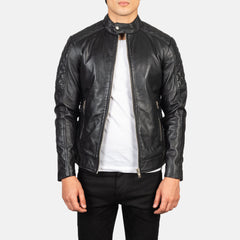 Zavion Black Leather Quilted Biker Jacket