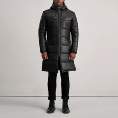 Elkum Black Leather Hooded Coat Jacket