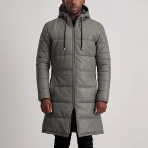 Elkum Grey Leather Hooded Coat Jacket