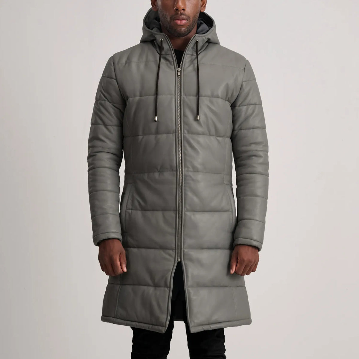 Elkum Grey Leather Hooded Coat Jacket