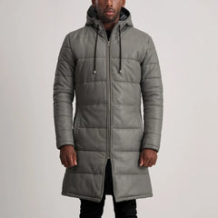 Elkum Grey Leather Hooded Coat Jacket