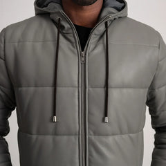 Elkum Grey Leather Hooded Coat Jacket
