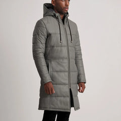 Elkum Grey Leather Hooded Coat Jacket