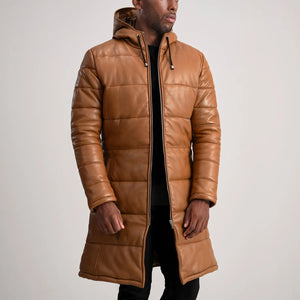 Elkum Tan Leather Hooded Coat Jacket
