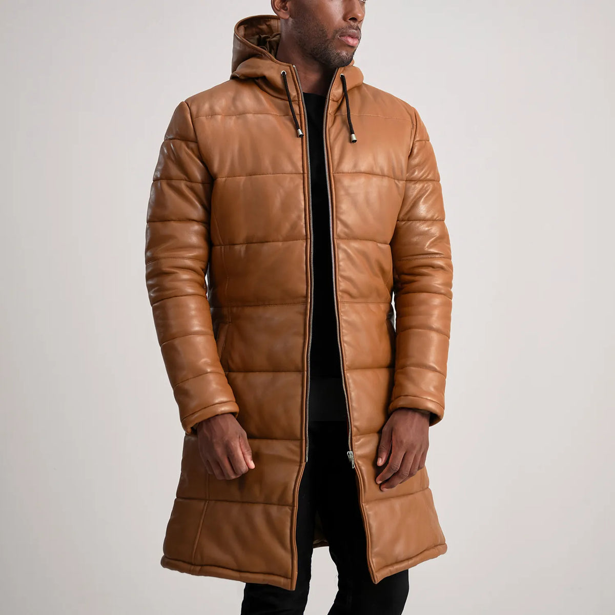 Elkum Tan Leather Hooded Coat Jacket