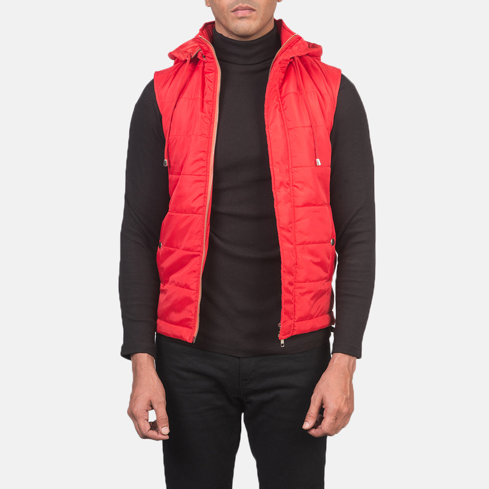 Nodin Red Leather Hooded Vest Jacket