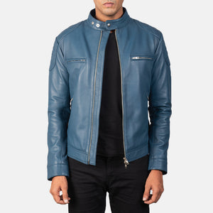 Natis Blue Leather Biker Jacket