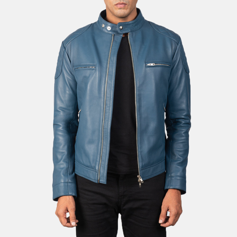 Natis Blue Leather Biker Jacket