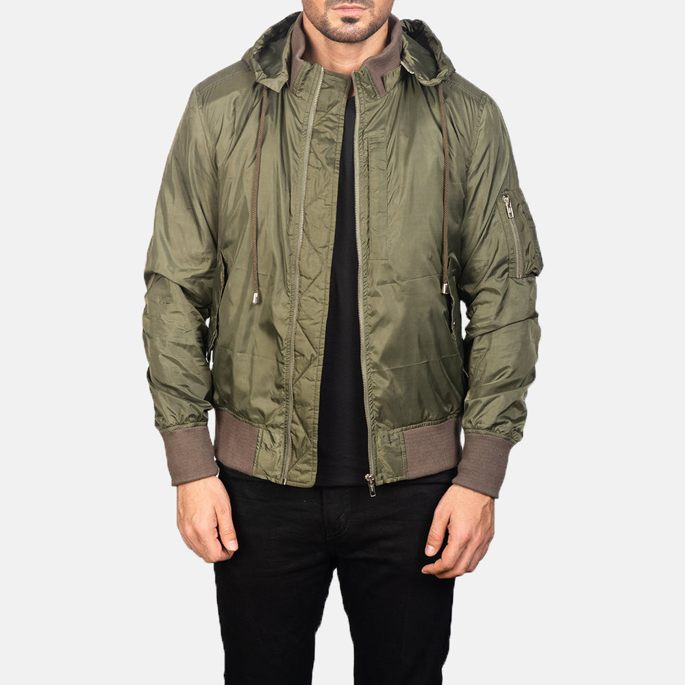 Rasos Green Leather Hooded Bomber Jacket