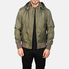 Rasos Green Leather Hooded Bomber Jacket