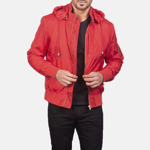 Rasos Red Leather Hooded Bomber Jacket