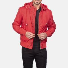 Rasos Red Leather Hooded Bomber Jacket